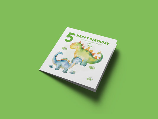 Personalised 5th Birthday Card for Boys – Dinosaur Design with Custom Name & Message for Age 5 Years Old, Fifth Birthday Kids, Son, Grandson, Nephew –  Green Envelope Included