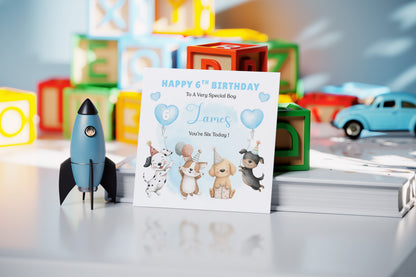Personalised 6th Birthday Card for Boys – Cute Puppy Dogs Design with Custom Name and Message, Age 6 Years Old Birthday Card for Kids, Children, Boy, Son, Grandson, Nephew– Blue Envelope Included