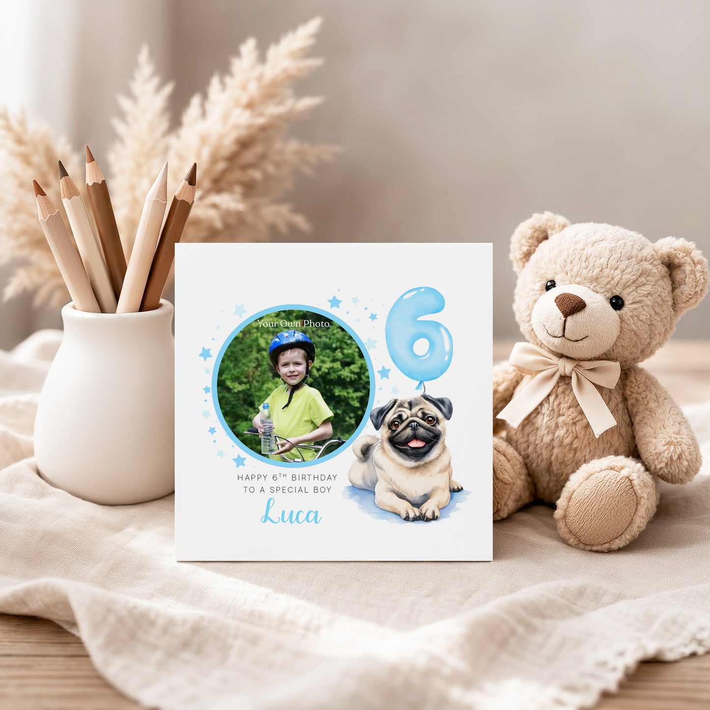 Personalised Photo 6th Birthday Card for Boys – Pug Dog Design with Custom Name and Message, Age 6 Years Old Birthday Card for Dog Lover, Kids, Boy, Son, Grandson, Nephew – Blue Envelope Included