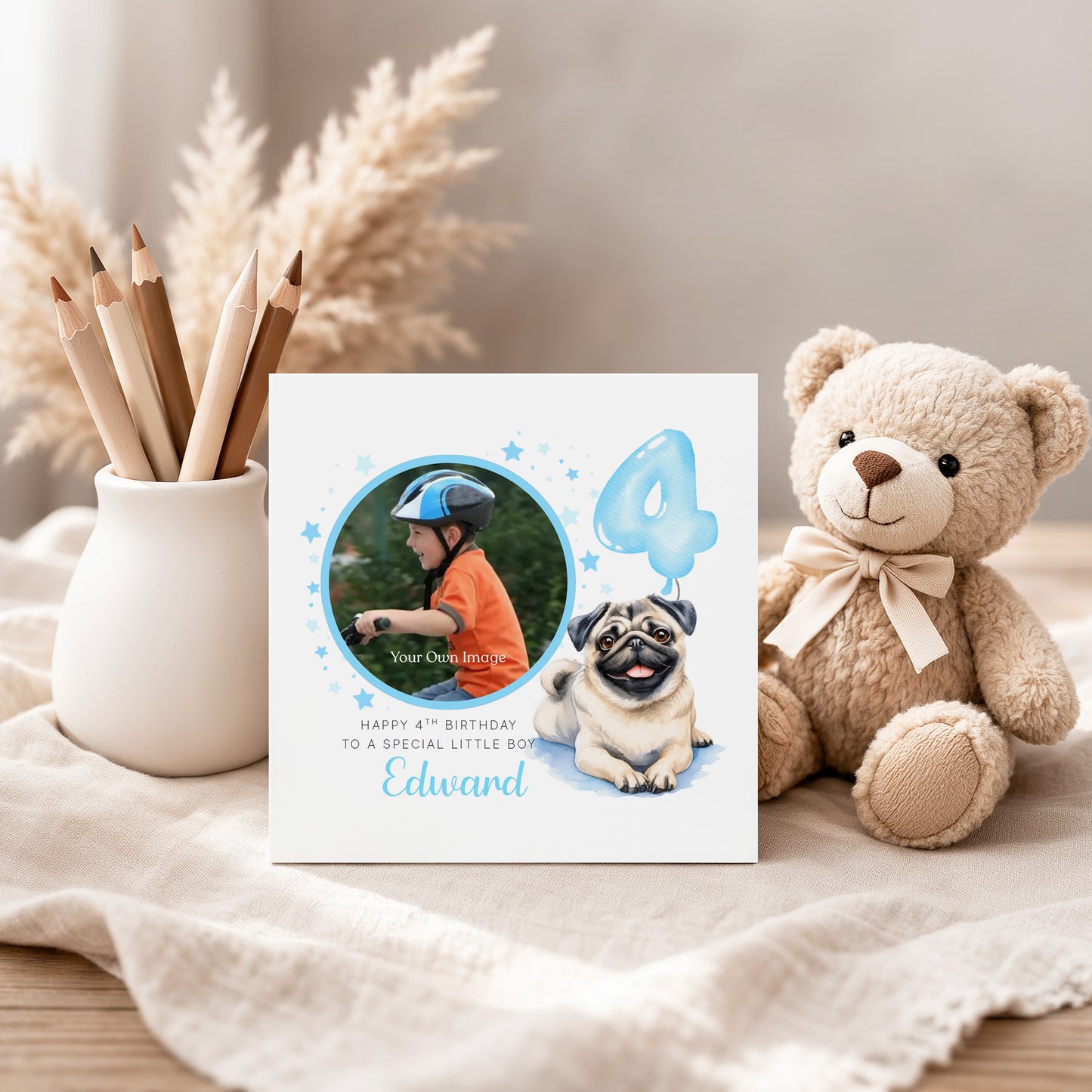 Personalised Photo 4 Years Old 4th Birthday Card for Boys – Pug Dog Design with Custom Name & Message - Age 4 Birthday Card for Boy, Dog Lover, Kids, Son, Grandson Nephew with Blue Envelope