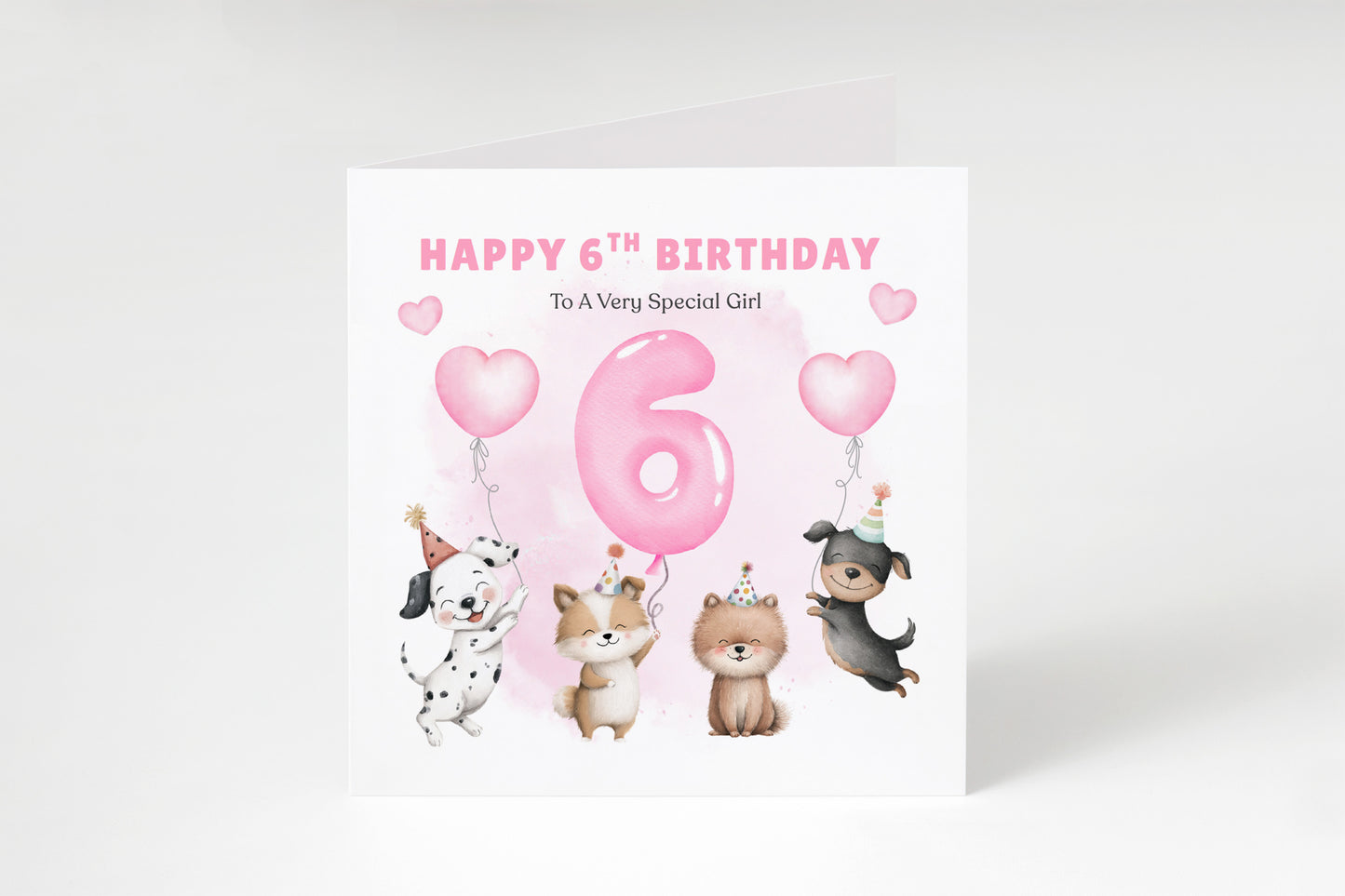 Sweet 6th Birthday Card for Girls - Cute Puppy Dogs and Balloon Design - Happy Birthday Card for Age 6 Years Old Girls, Kids, Daughter, Granddaughter, Niece – Pink Envelope Included