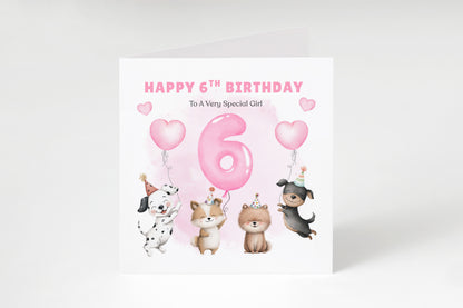 Sweet 6th Birthday Card for Girls - Cute Puppy Dogs and Balloon Design - Happy Birthday Card for Age 6 Years Old Girls, Kids, Daughter, Granddaughter, Niece – Pink Envelope Included