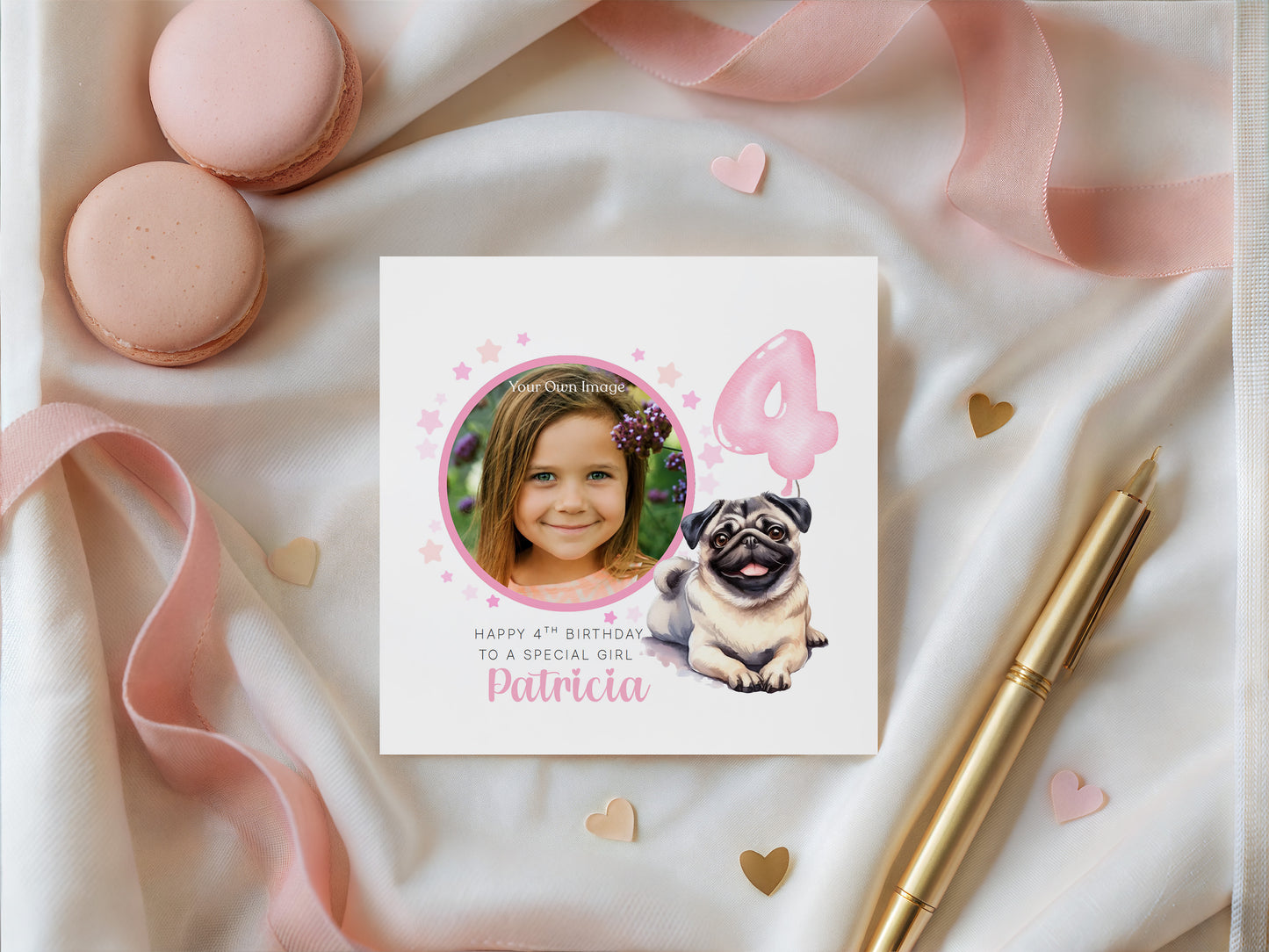 Personalised Photo 4 Years Old 4th Birthday Card for Girls – Pug Dog Design with Custom Name & Message - Age 4 Magical Birthday Card for Dog Lover, Kids Daughter Granddaughter Niece with Pink Envelope