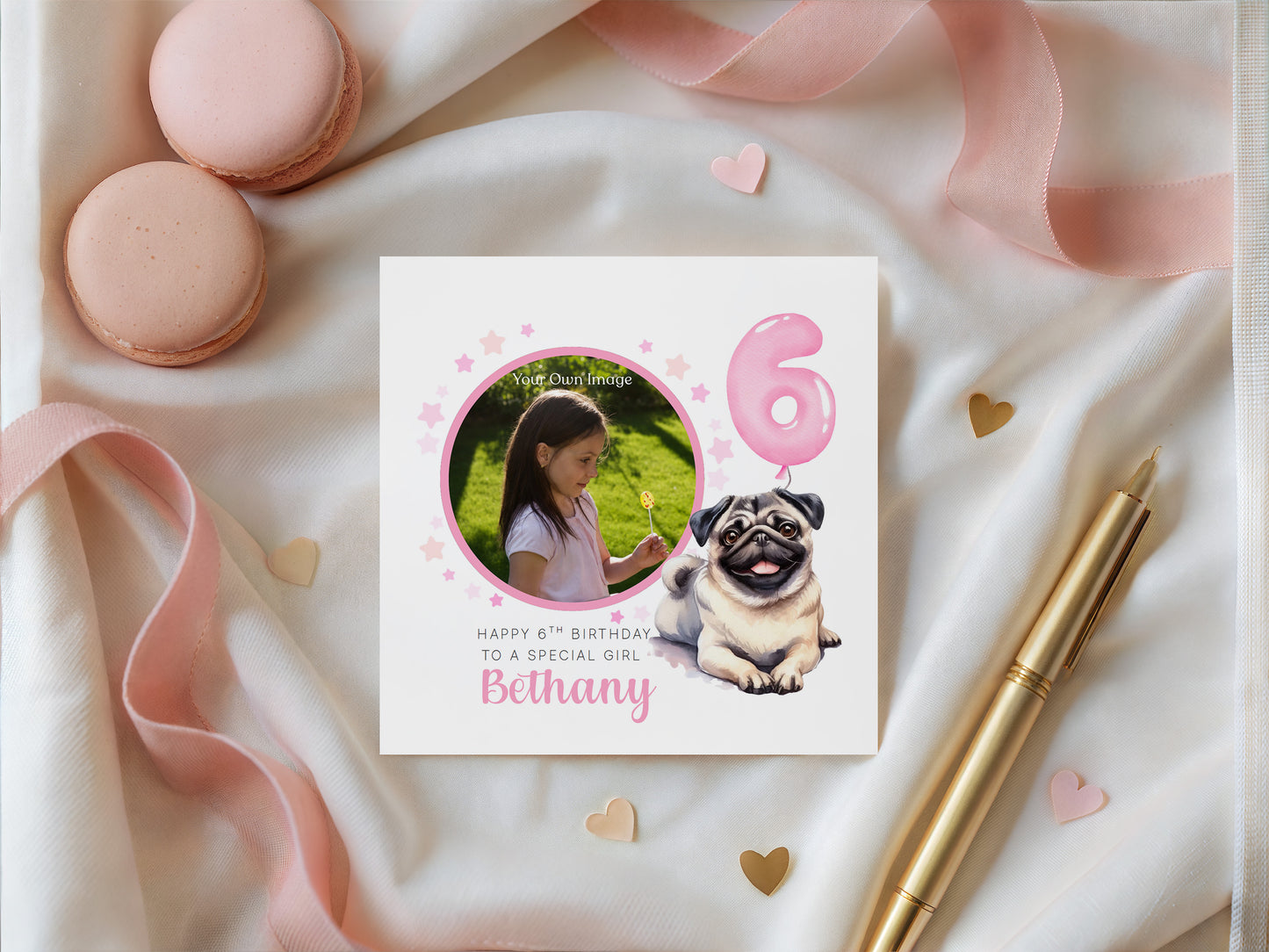 Personalised Photo 6 Years Old 6th Birthday Card for Girls – Pug Dog Design with Custom Name & Message - Age 6 Birthday Card for Dog Lover, Kids Daughter Granddaughter Niece - Pink Envelope Included