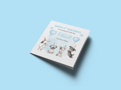 Personalised 5th Birthday Card for Boys – Cute Puppy Dogs Design with Custom Name and Message, Age 5 Years Old Birthday Card for Kids, Children, Boy, Son, Grandson, Nephew– Blue Envelope Included