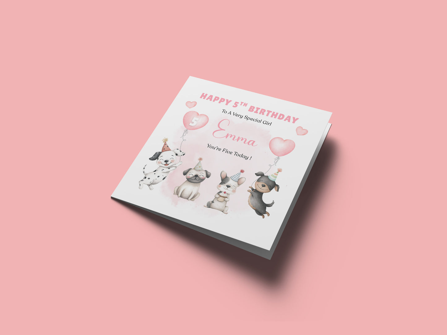 Personalised 5th Birthday Card for Girls – Cute Puppy Dogs Design with Custom Name and Message – Age 5 Years Old Birthday Card for Girls, Kids, Daughter, Granddaughter, Niece – Pink Envelope Included