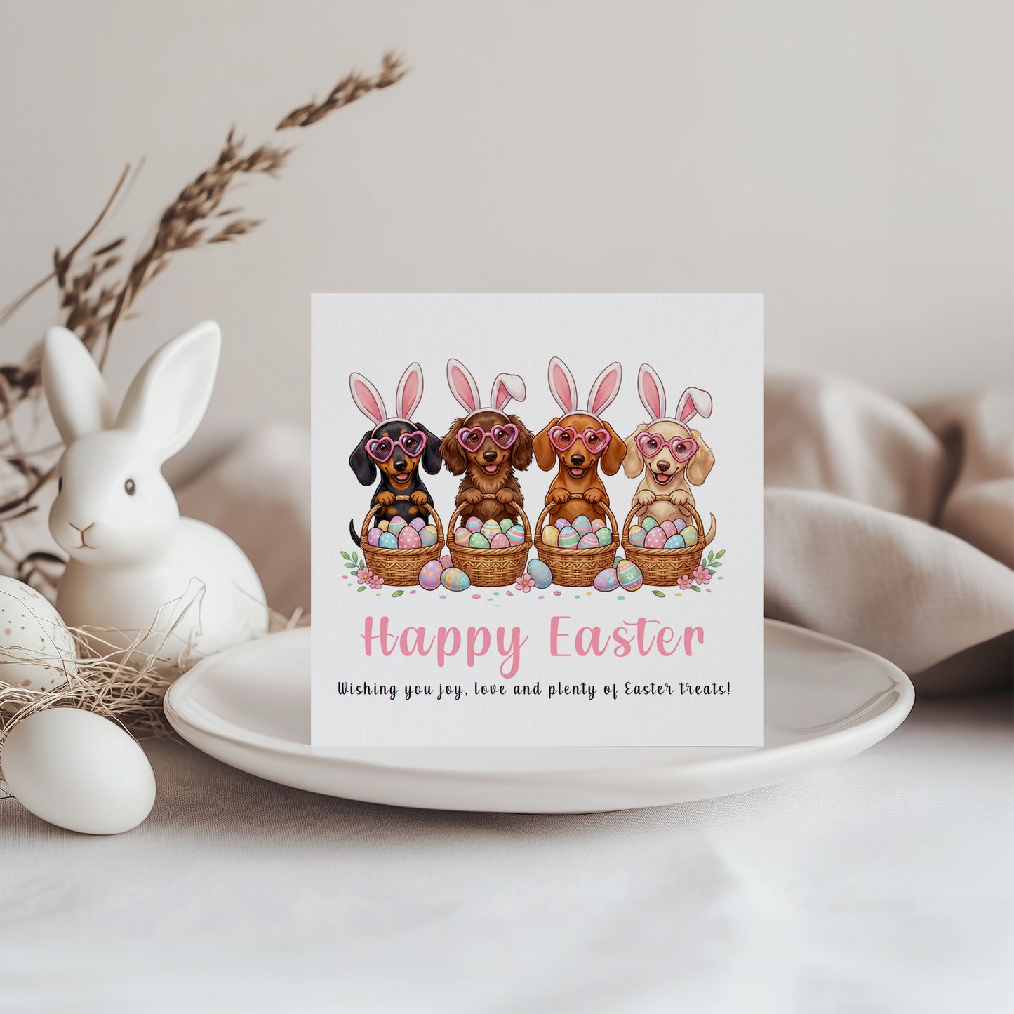 Funny Dachshund Happy Easter Card – Cute Sausage Dog Easter Card for Dog Lovers, Owners, Girls Wife, Mum, Grandma, Aunties, Niece, Daughter, Family, Mother-in-Law - Pink Envelope Included