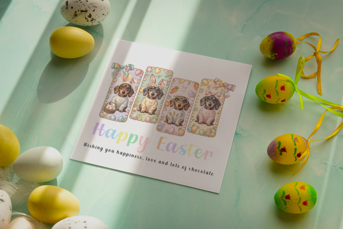 Pastel Dachshund Happy Easter Card – Sausage Dog Easter Card for Dog Lovers, Owners, Boys, Girls , Wife, Husband, Mum, Dad, Grandma, Grandpa, Family - Yellow Envelope Included