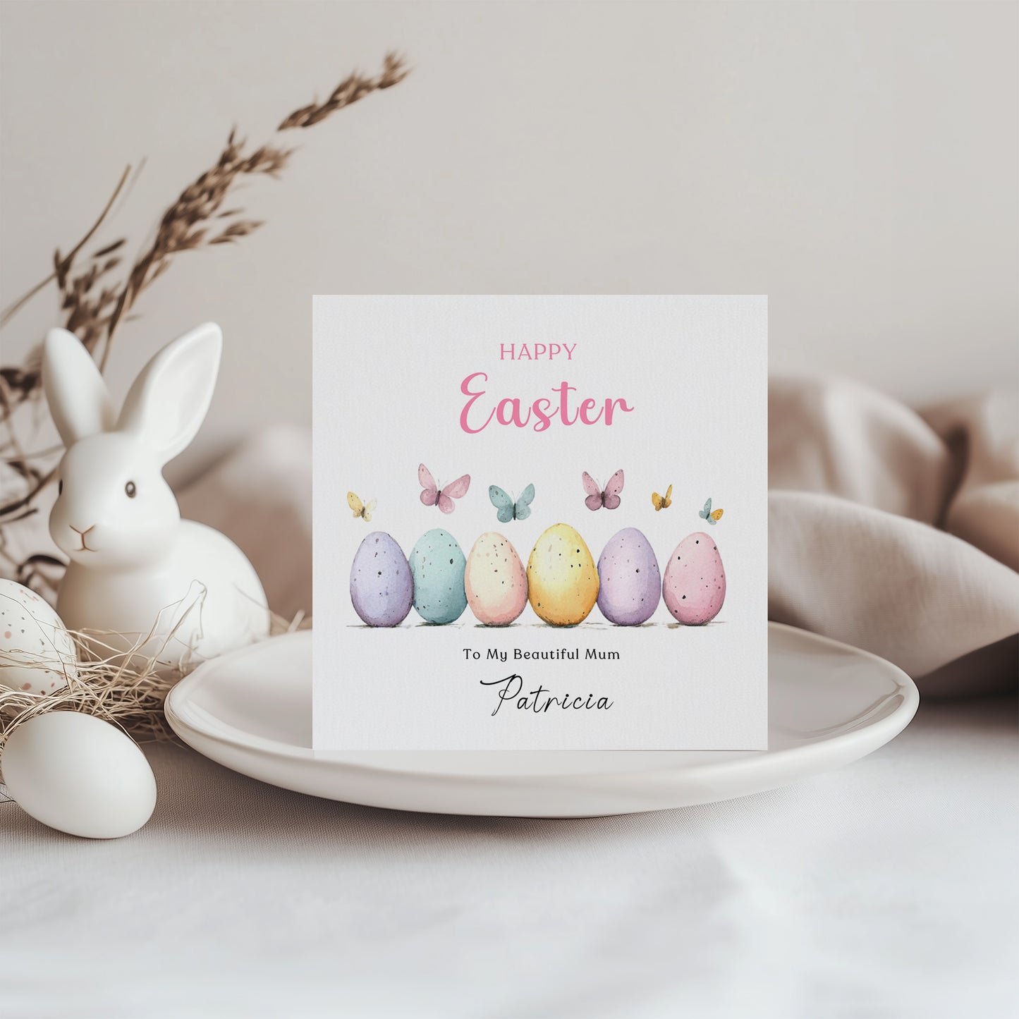 Personalised Happy Easter Card with Custom Name and Message - Butterfly with Easter Eggs Design for Her, Mum, Grandma, Auntie, Daughter, Granddaughter, Niece, Girls – Pink Envelope Included