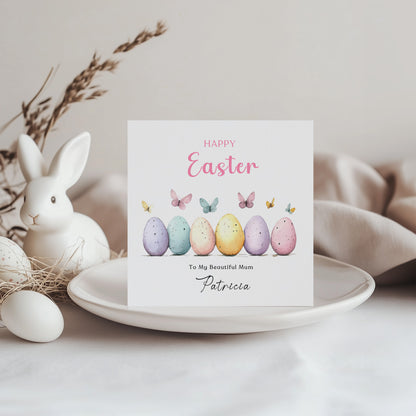 Personalised Happy Easter Card with Custom Name and Message - Butterfly with Easter Eggs Design for Her, Mum, Grandma, Auntie, Daughter, Granddaughter, Niece, Girls – Pink Envelope Included