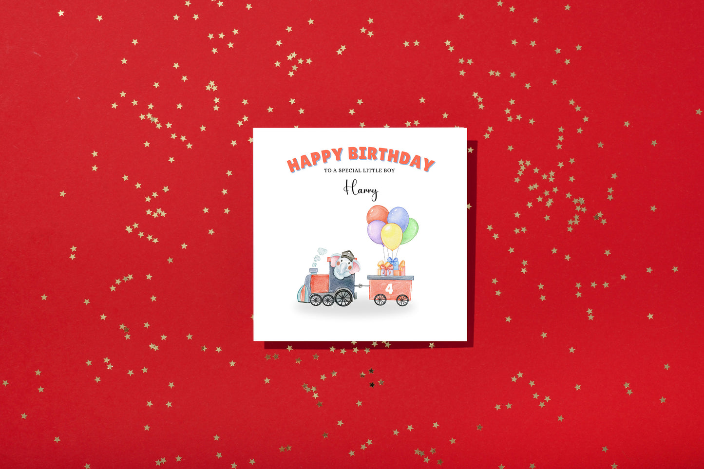 Elephant in a Train-Personalised Birthday Folded Card for Boys, Custom Name and Message Watercolour Style Happy Birthday Card, Any Age Birthday, 1st 2nd 3rd 4th 5th 6th 7th 8th 9th 10th, Customisable Birthday Card