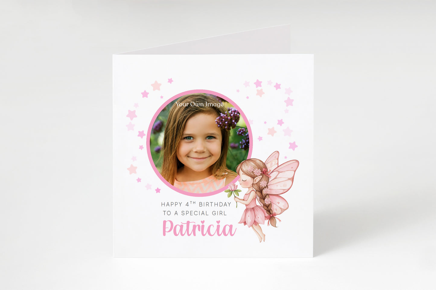 Personalised Photo 4 Years Old 4th Birthday Card for Girls – Fairy Design with Custom Name & Message - Age 4 Magical Birthday Card for Kids Daughter Granddaughter Niece with Pink Envelope