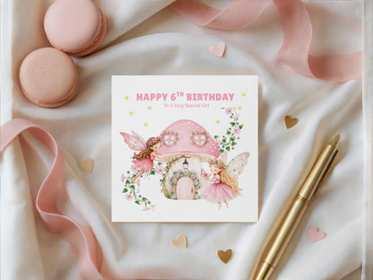 Sweet 6 Years Old 6th Birthday Card for Girls – Magical Fairy with Mushroom House - Age 6 Happy Birthday Card for Kids Children Daughter Granddaughter Niece - Pink Envelope Included