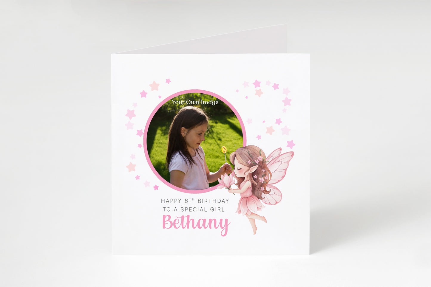 Personalised Photo 6 Years Old 6th Birthday Card for Girls – Fairy Design with Custom Name & Message - Age 6 Birthday Card for Kids Daughter Granddaughter Niece - Pink Envelope Included