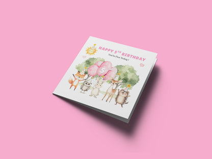 Woodland Animals 5th Birthday Card for Girls – Forest Animals Design Birthday Card for Age 5 Years Old Girl, Kids, Daughter, Granddaughter, Niece – Pink Envelope Included