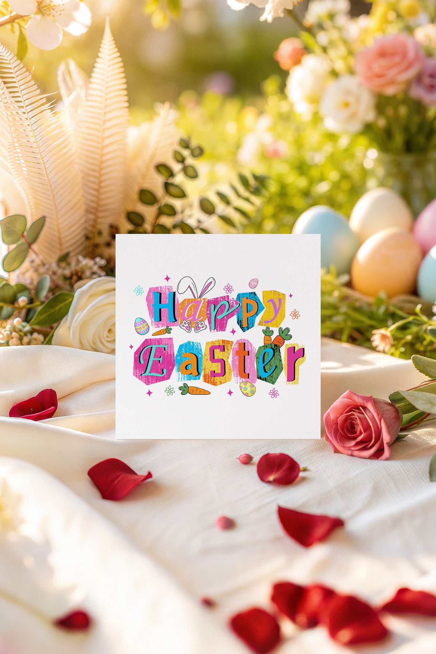 Colorful Bunny, Easter Eggs & Carrot Happy Easter Card – Cute Spring Holiday Card for Family, Teens, Kids, Friends and Loved Ones – Bright Modern Easter Card - Pink Envelope Included