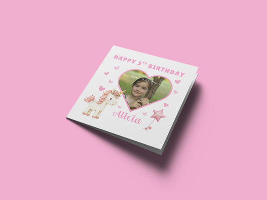 Personalised Photo 5 Years Old 5th Birthday Card for Girls – Unicorn Design, Heart Photo Frame with Custom Photo & Name for Age 5 Years Old Kid, Daughter, Granddaughter, Niece with Pink Envelope