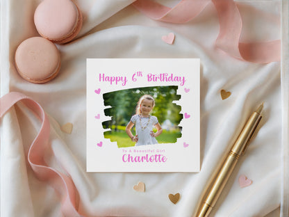 Personalised Photo 6 Years Old 6th Birthday Card for Girls – Brush-stroke Photo Frame with Custom Name & Message - Age 6 Birthday Card for Kids Daughter Granddaughter Niece - Pink Envelope Included