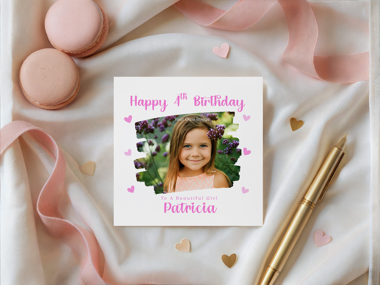 Personalised Photo 4 Years Old 4th Birthday Card for Girls – Brush-Stroke Photo Frame with Custom Name & Message - Age 4 Magical Birthday Card for Kids Daughter Granddaughter Niece with Pink Envelope