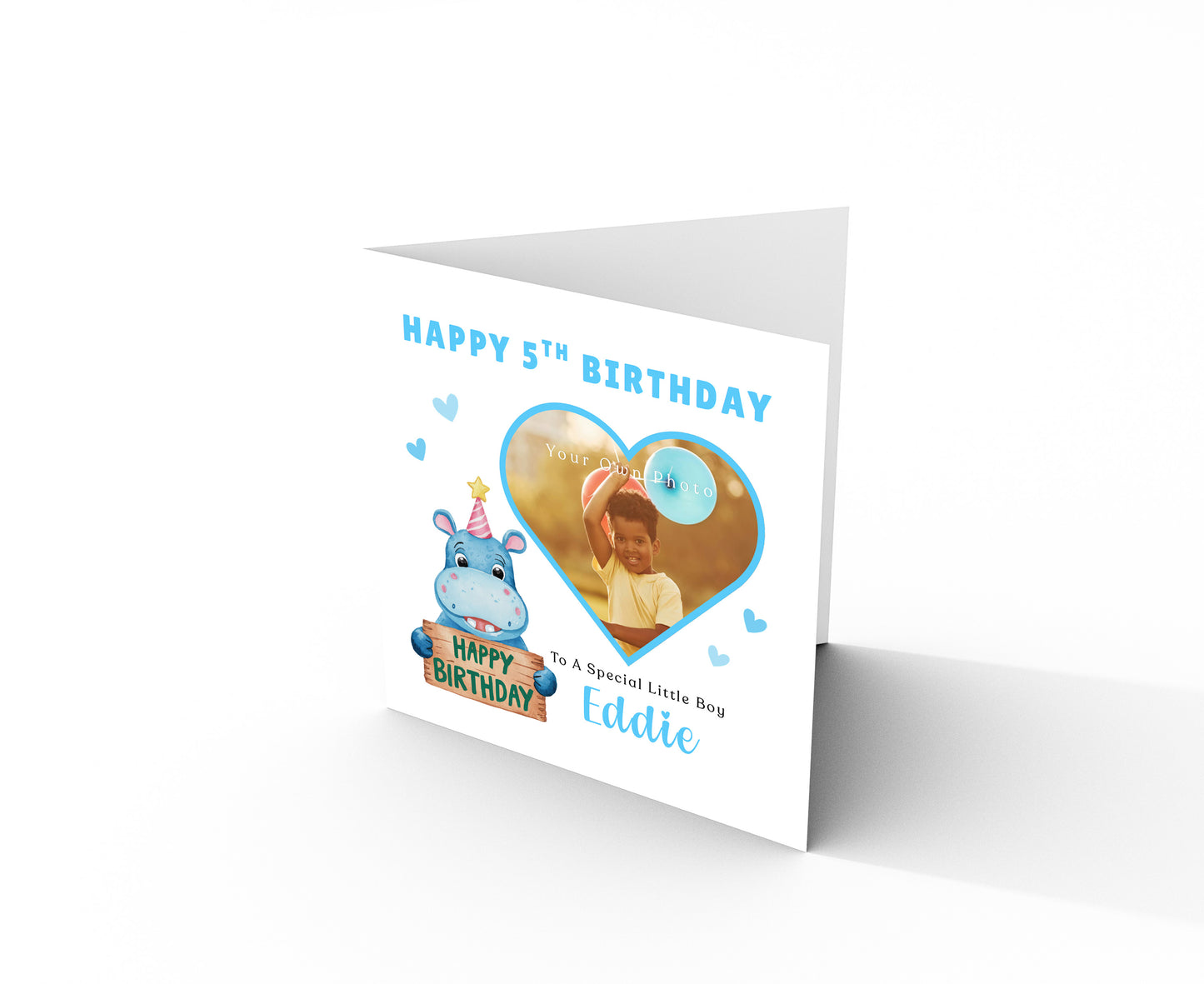 Personalised Photo 5th Birthday Card for Boys – Hippo & Heart Frame with Custom Photo, Name & Message, Age 5 Years Old Fifth Birthday Card for Kids, Son, Grandson, Nephew –  Blue Envelope Included