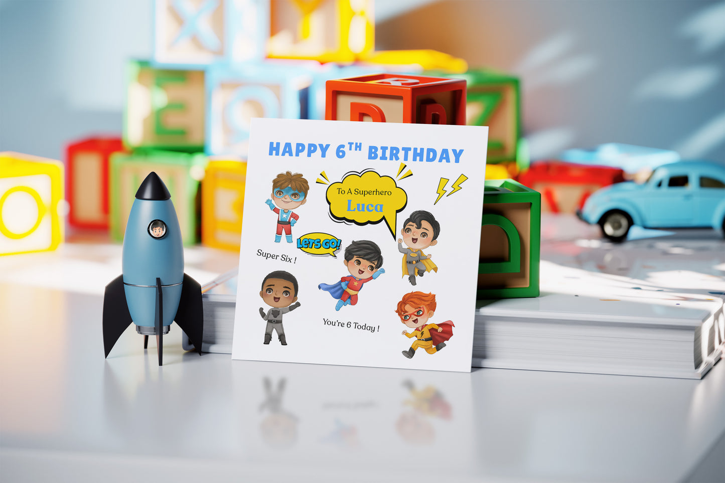 Personalised 6th Birthday Card for Superhero Boys – Superhero Design with Custom Name and Message, Age 6 Years Old Birthday Card for Kids, Children, Boy, Son, Grandson, Nephew– Blue Envelope Included