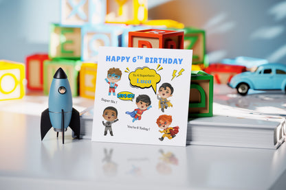 Personalised 6th Birthday Card for Superhero Boys – Superhero Design with Custom Name and Message, Age 6 Years Old Birthday Card for Kids, Children, Boy, Son, Grandson, Nephew– Blue Envelope Included