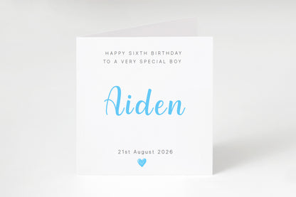 Personalised 6th Birthday Card for Boys – Minimalist Design with Custom Name, Birthday and Message, Age 6 Years Old Birthday Card for Kids, Children, Boy, Son, Grandson, Nephew– Blue Envelope Included