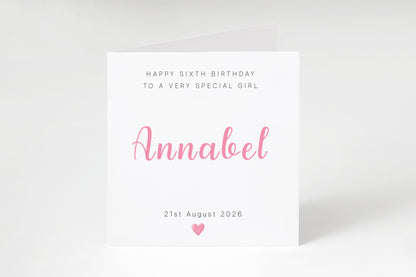 Personalised 6th Birthday Card for Girls – Elegant Minimalist Design with Custom Birthday, Name & Message - Age 6 Years Old Birthday Card for Kids Daughter Granddaughter Niece - Pink Envelope Included
