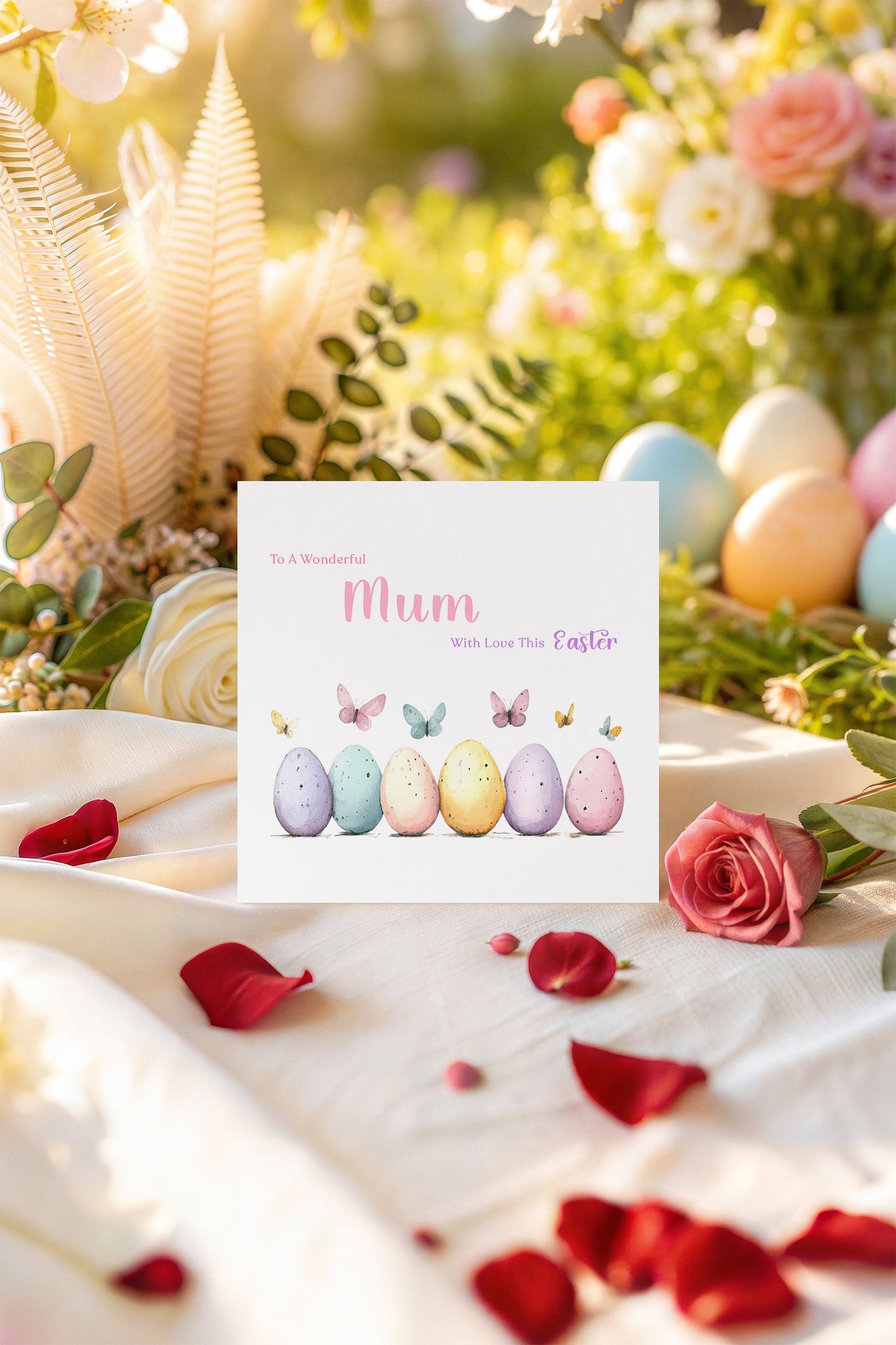Happy Easter Card with Butterfly with Easter Eggs Design for Mum, Auntie or Grandma –  Spring Easter Car for Her and Family - Pink Envelope Included