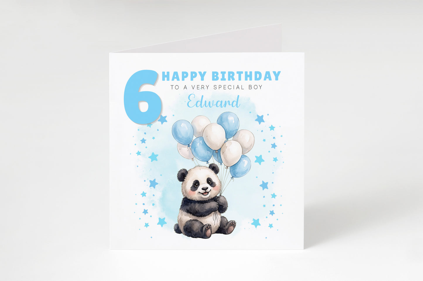 Personalised 6th Birthday Card for Boys – Cute Panda Design with Custom Name and Message, Age 6 Years Old Birthday Card for Kids, Children, Boy, Son, Grandson, Nephew– Blue Envelope Included