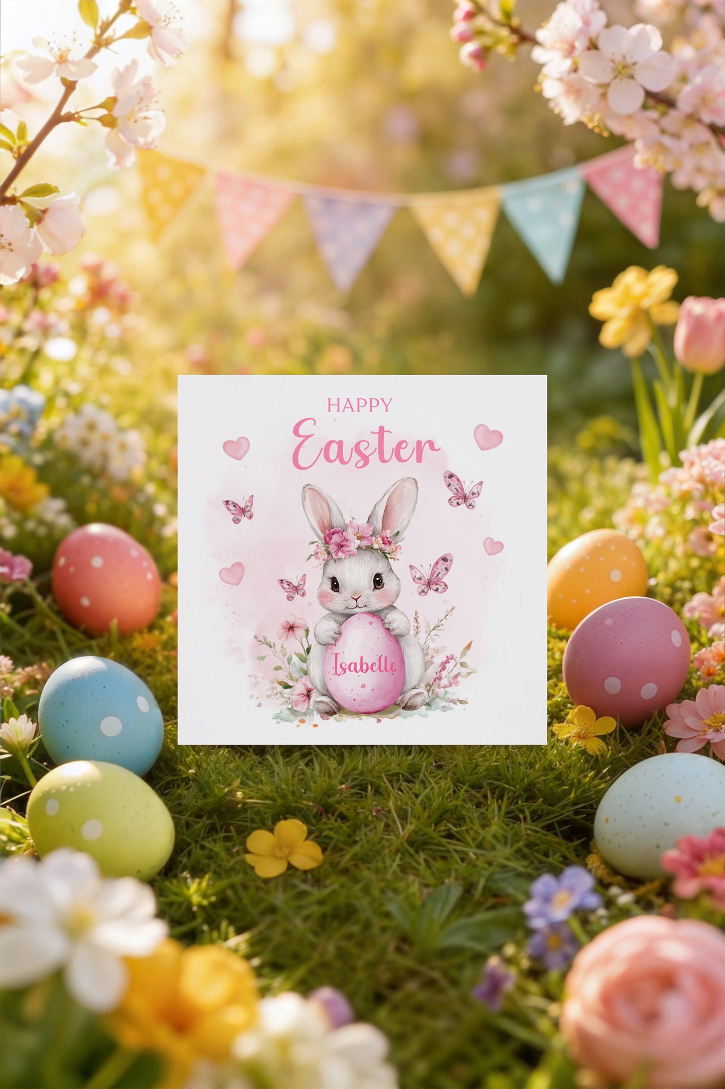 Personalised Happy Easter Bunny Card for Girls with Custom Name - Easter Rabbit and Egg Design for Daughter, Granddaughter, Niece, Kids, Girl, Baby Girl, Little One – Pink Envelope Included