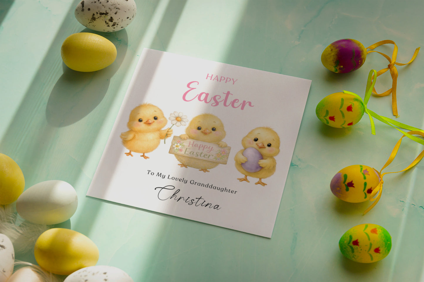 Personalised Happy Easter Card for Girls with Custom Name and Message - Three Baby Chicks Design for Daughter, Granddaughter, Niece, Kids, Girl, Baby Girl, Little One – Pink Envelope Included