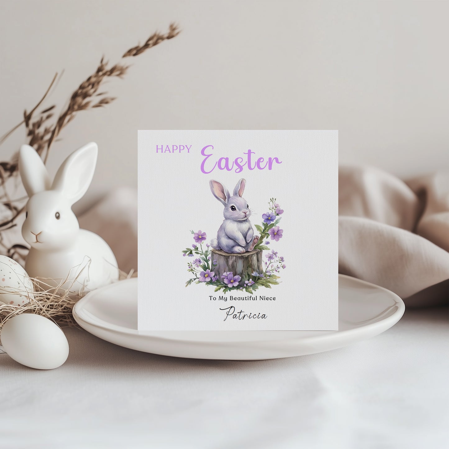 Personalised Happy Easter Card with Custom Name and Message - Purple Bunnies with Spring Flowers Design for Her, Mum, Grandma, Auntie, Daughter, Granddaughter, Niece, Girls – Purple Envelope Included