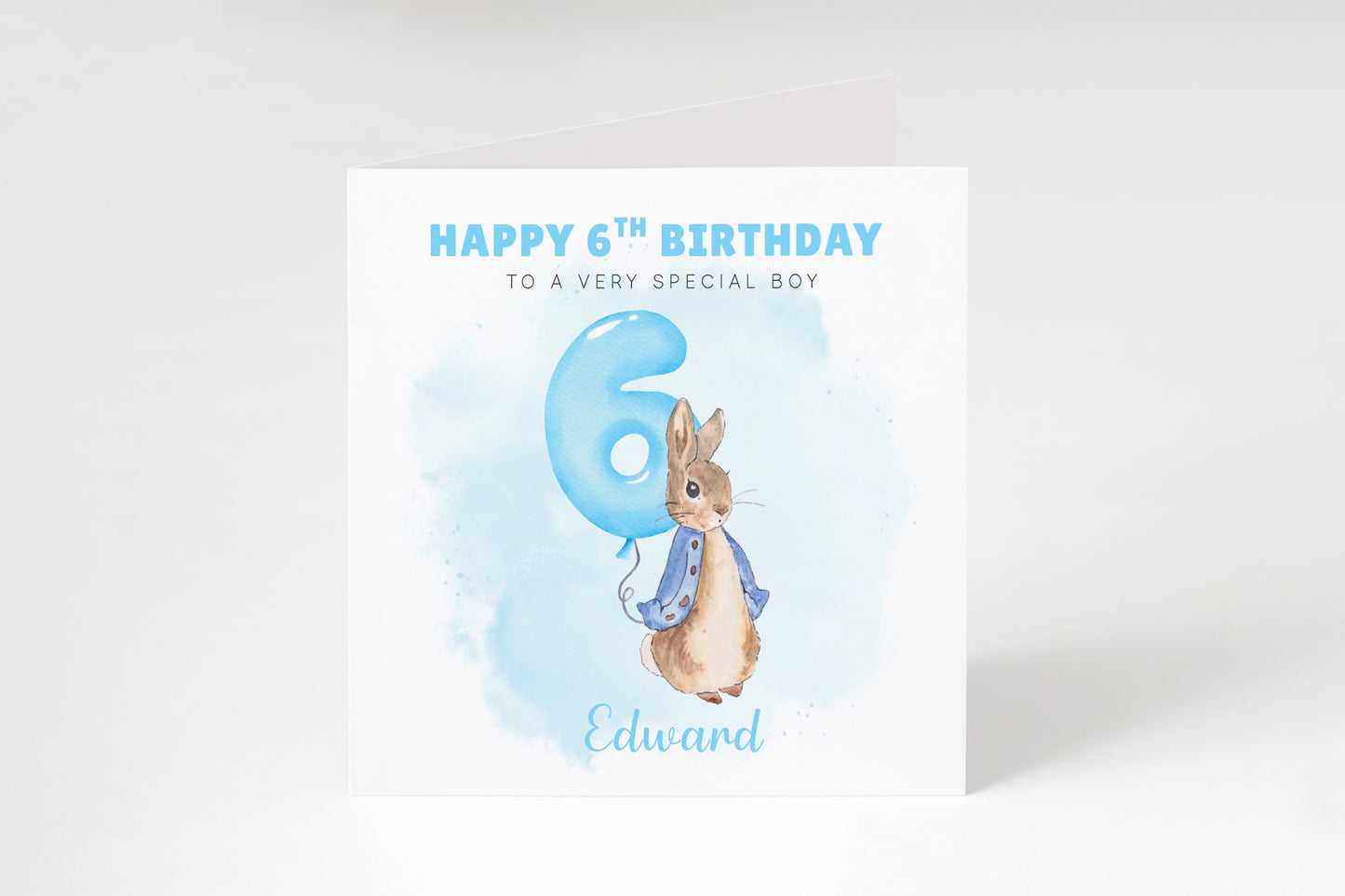 Personalised 6th Birthday Card for Boys – Cute Rabbit Design with Custom Name and Message, Age 6 Years Old Birthday Card for Kids, Children, Boy, Son, Grandson, Nephew– Blue Envelope Included
