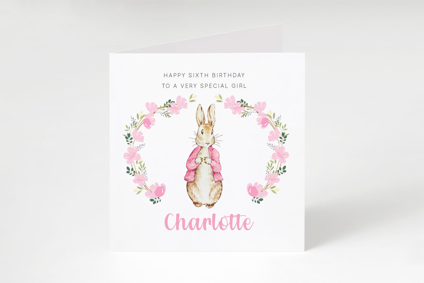Personalised 6 Years Old 6th Birthday Card for Girls – Cute Rabbit & Wreath with Custom Name & Message - Age 6 Birthday Card for Kids Children Daughter Granddaughter Niece - Pink Envelope Included