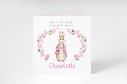 Personalised 6 Years Old 6th Birthday Card for Girls – Cute Rabbit & Wreath with Custom Name & Message - Age 6 Birthday Card for Kids Children Daughter Granddaughter Niece - Pink Envelope Included