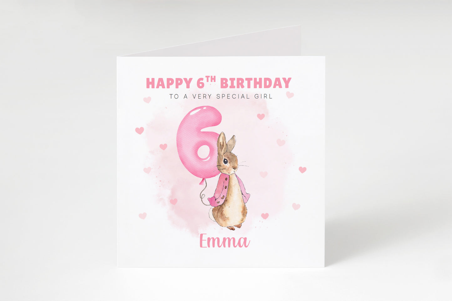 Personalised 6 Years Old 6th Birthday Card for Girls – Cute Rabbit with Custom Name & Message - Age 6 Birthday Card for Kids Children Daughter Granddaughter Niece - Pink Envelope Included