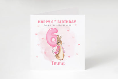 Personalised 6 Years Old 6th Birthday Card for Girls – Cute Rabbit with Custom Name & Message - Age 6 Birthday Card for Kids Children Daughter Granddaughter Niece - Pink Envelope Included