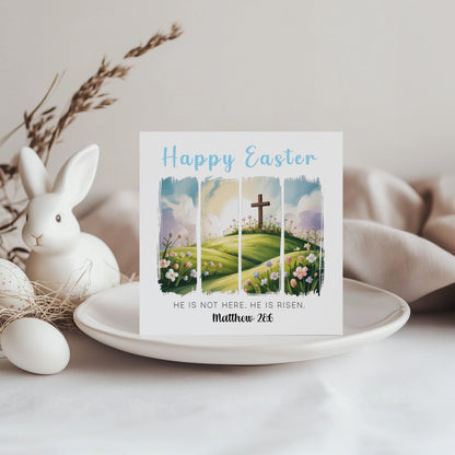 Christian Happy Easter Card – He Is Risen - Religious Easter Card with Cross – Faith Easter Greeting Card for Church, Christians, Friends, Family, Loved Ones - Blue Envelope Included