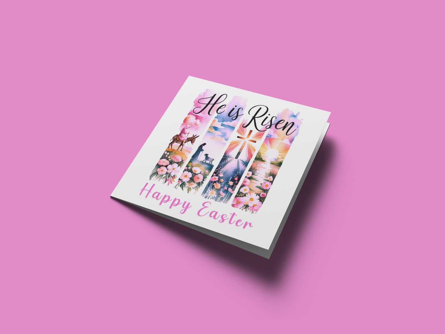 Christian Happy Easter Card – He Is Risen - Religious Easter Card with Cross and Sunrise Design– Faith Easter Greeting Card for Church, Christians, Friends, Family, Loved Ones - Pink Envelope Included
