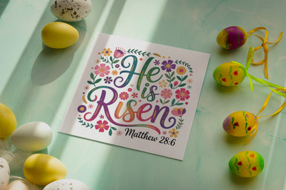 Christian Happy Easter Card – He Is Risen - Religious Easter Card - Floral Resurrection Faith Easter Greeting Card for Church, Christians, Friends, Family, Loved Ones - Yellow Envelope Included