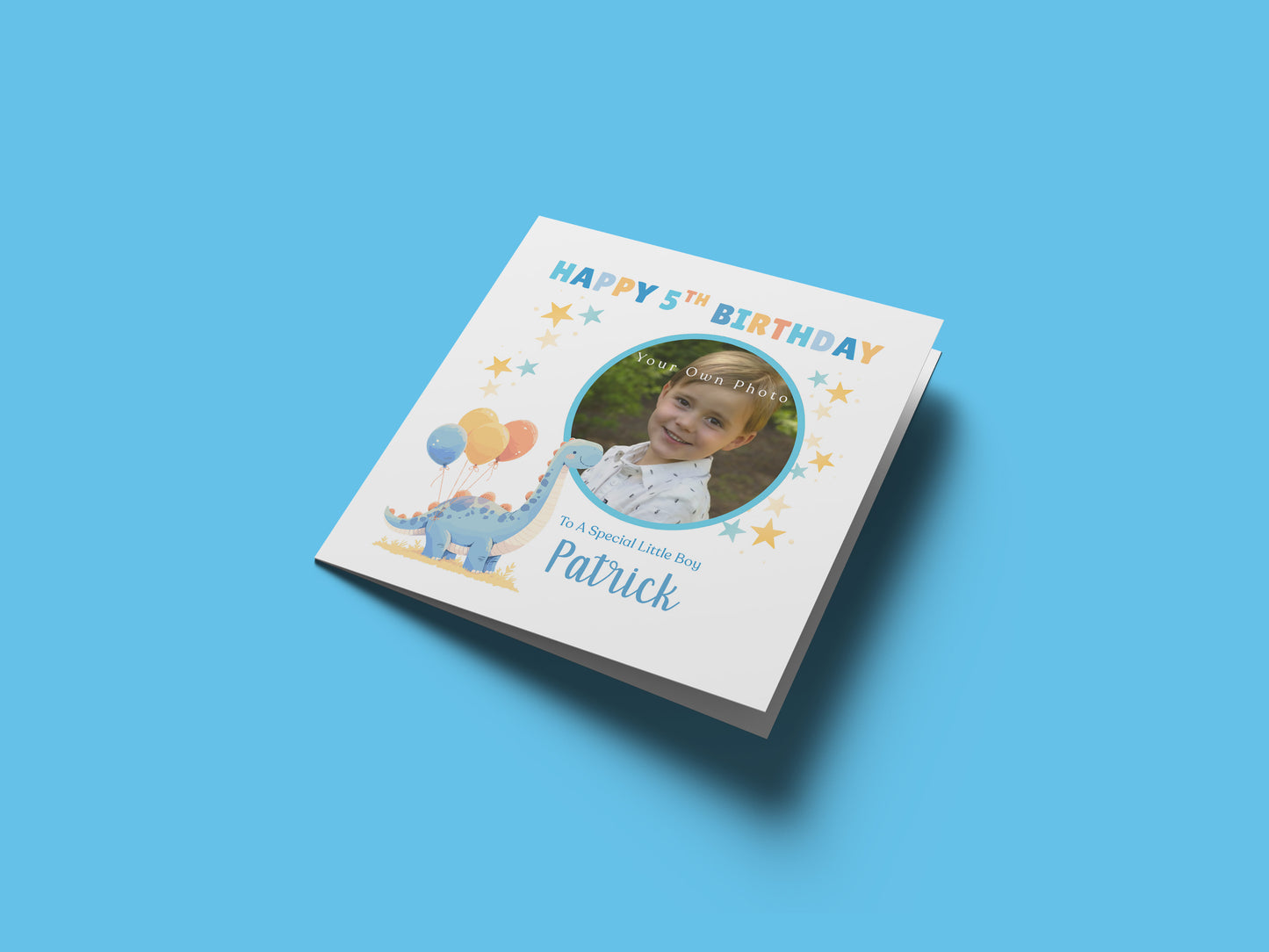 Personalised Photo 5th Birthday Card for Boys – Diplodocus Dinosaur Design with Custom Photo, Name & Message for Age 5 Years Old, Fifth Birthday Kids, Son, Grandson, Nephew –  Blue Envelope Included