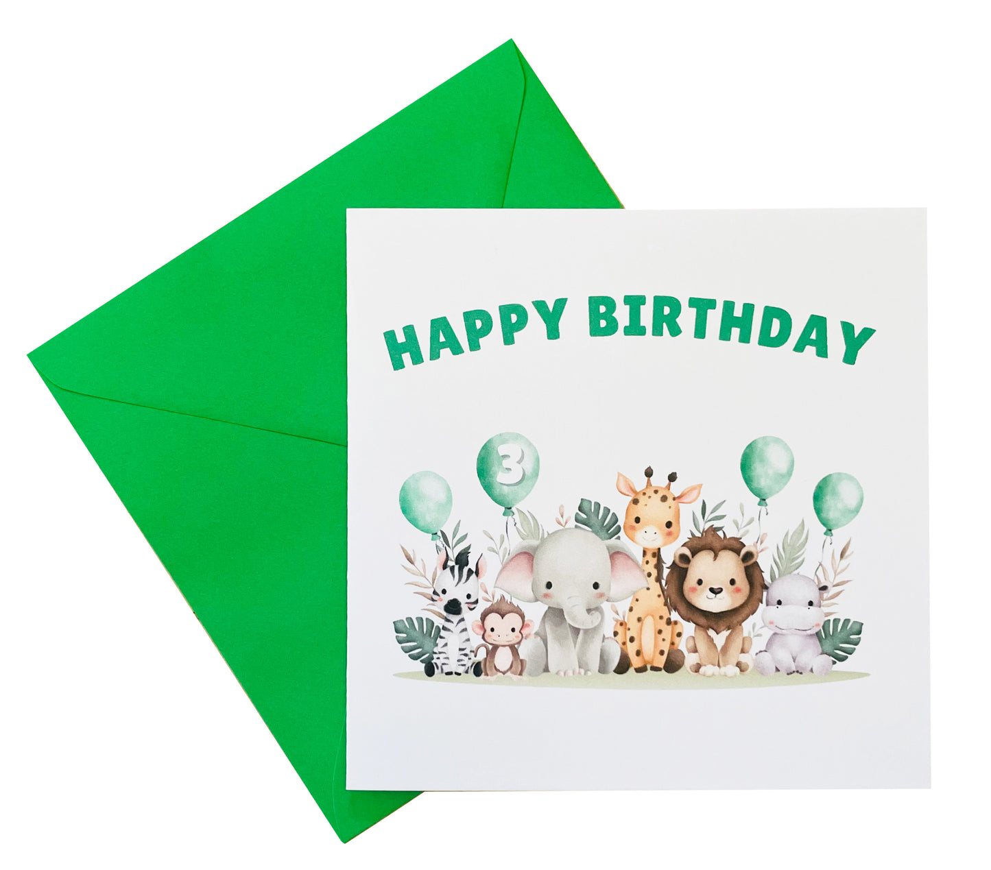 Safari Jungle Animals Happy Birthday Card, one Balloon contains the Birthday Age from 1 to 10 -Birthday Card for Baby Boy, Son, Grandson, Nephew, Children's Birthday Card – Green Envelope Included