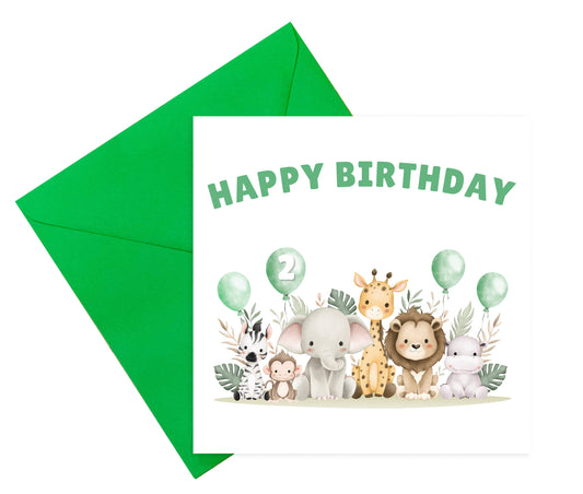 Safari Jungle Animals Happy Birthday Card, one Balloon contains the Birthday Age from 1 to 10 -Birthday Card for Baby Boy, Son, Grandson, Nephew, Children's Birthday Card – Green Envelope Included