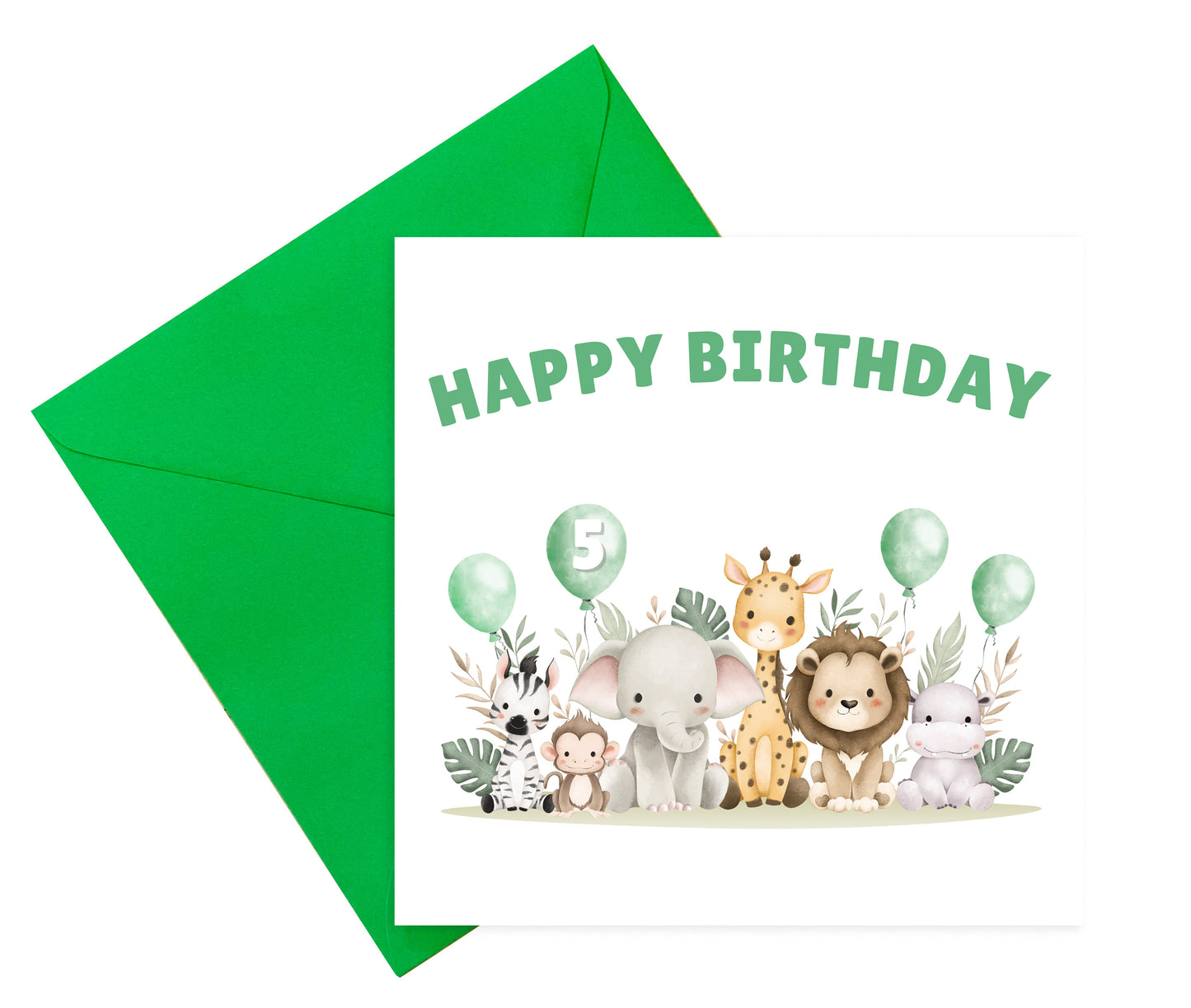 Safari Jungle Animals Happy Birthday Card, one Balloon contains the Birthday Age from 1 to 10 -Birthday Card for Baby Boy, Son, Grandson, Nephew, Children's Birthday Card – Green Envelope Included