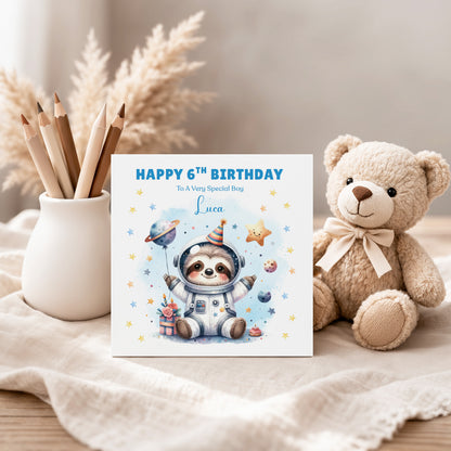Personalised 6th Birthday Card for Boys – Cute Sloth Design with Custom Name and Message, Age 6 Years Old Birthday Card for Kids, Children, Boy, Son, Grandson, Nephew– Blue Envelope Included