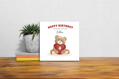 Teddy Bear with Heart-shaped Cushion -Personalised Birthday Folded Card for Girls, Custom Name, Age and Message, Watercolour Effect Happy Birthday Card, Any Age Birthday, 1st 2nd 3rd 4th 5th 6th 7th 8th 9th 10th, Customisable Birthday Card for Children
