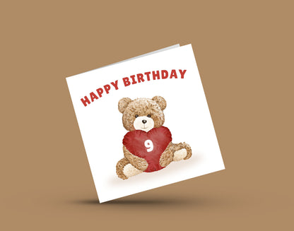 Teddy Bear Birthday Card for Boys and Girls – Heart Cushion with Age (1st, 2nd, 3rd, 4th, 5th, 6th, 7th, 8th, 9th, 10th or Any Age ) Children's Birthday Card – Brown Envelope Included