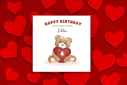 Teddy Bear with Heart-shaped Cushion -Personalised Birthday Folded Card for Girls, Custom Name, Age and Message, Watercolour Effect Happy Birthday Card, Any Age Birthday, 1st 2nd 3rd 4th 5th 6th 7th 8th 9th 10th, Customisable Birthday Card for Children