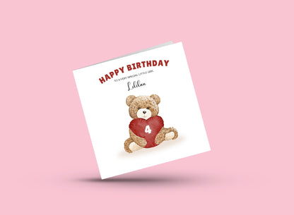 Teddy Bear with Heart-shaped Cushion -Personalised Birthday Folded Card for Girls, Custom Name, Age and Message, Watercolour Effect Happy Birthday Card, Any Age Birthday, 1st 2nd 3rd 4th 5th 6th 7th 8th 9th 10th, Customisable Birthday Card for Children